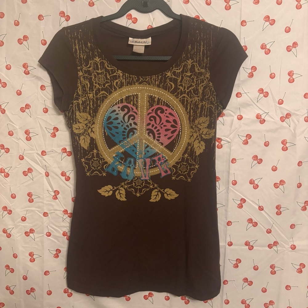 Belle Du Jour Brown Tee with Peace Sign Graphic